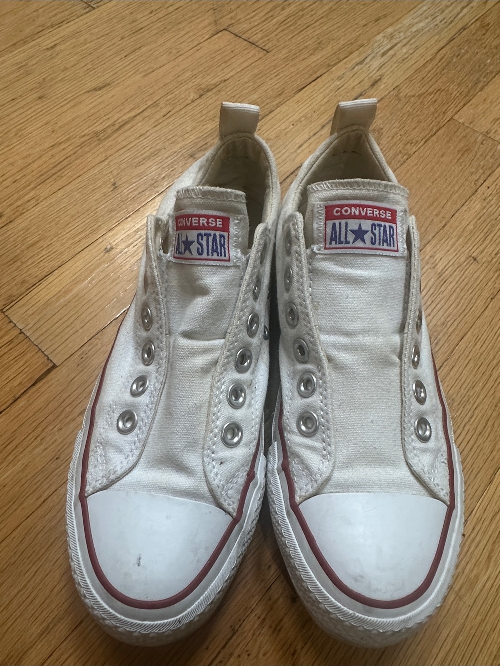 Converse Kids White Canvas Slip-On Sneakers with Red Trim